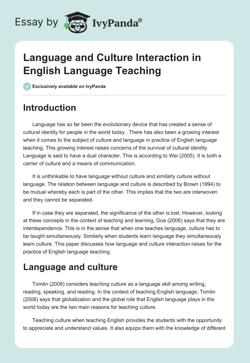 Language and Culture Interaction in English Language Teaching. Page 1