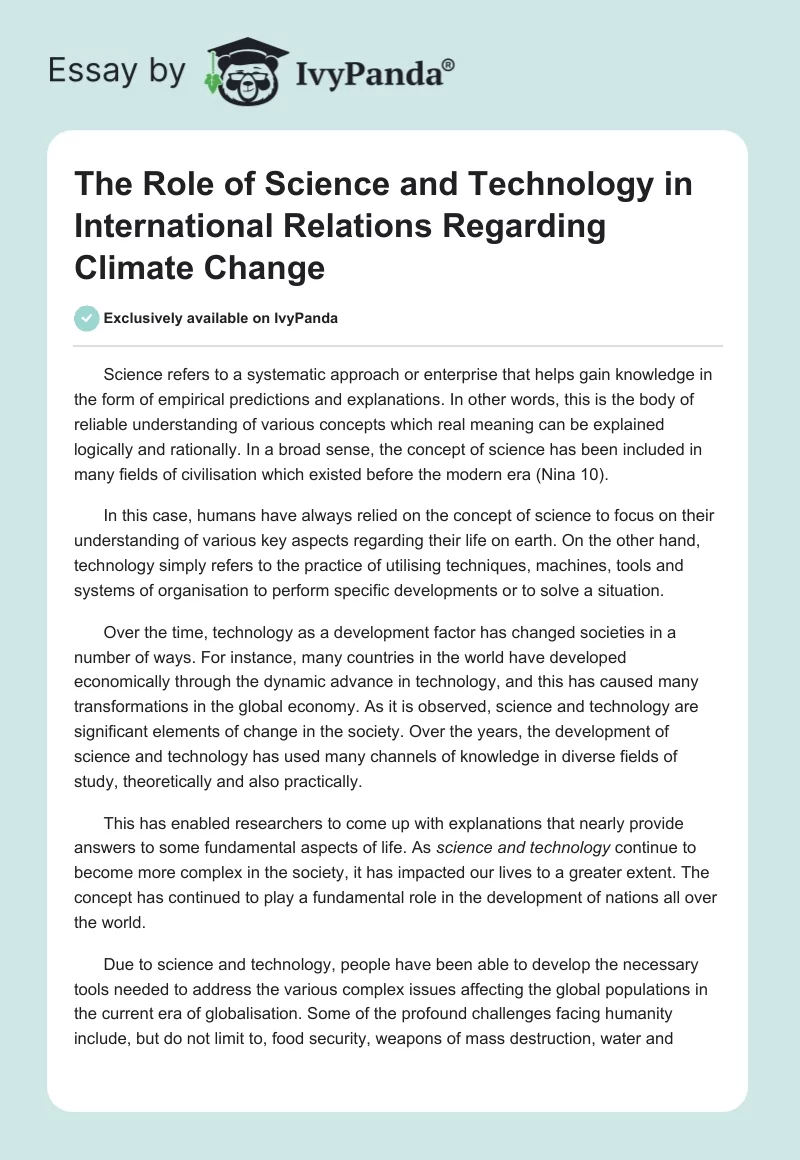 The Role of Science and Technology in International Relations Regarding Climate Change. Page 1