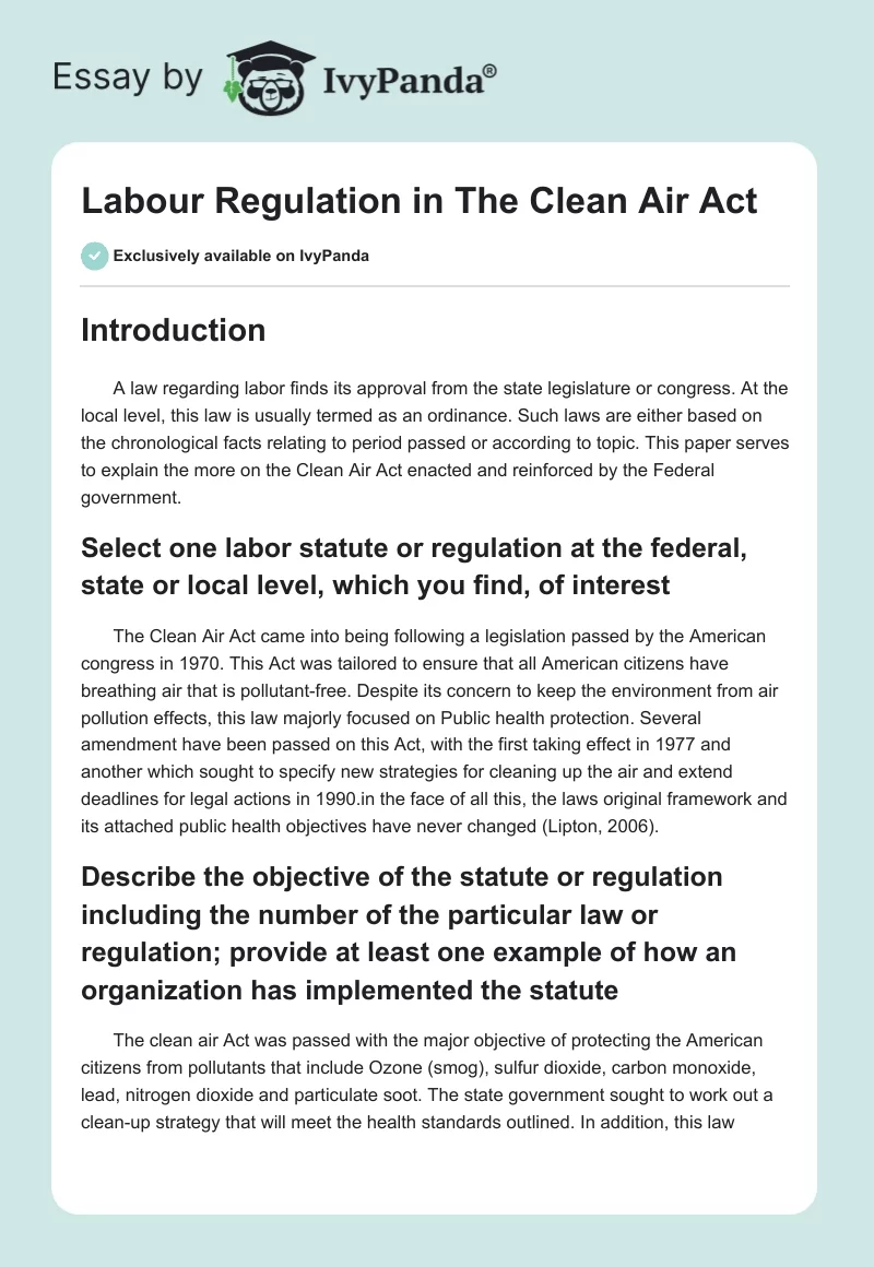 Labour Regulation in The Clean Air Act . Page 1