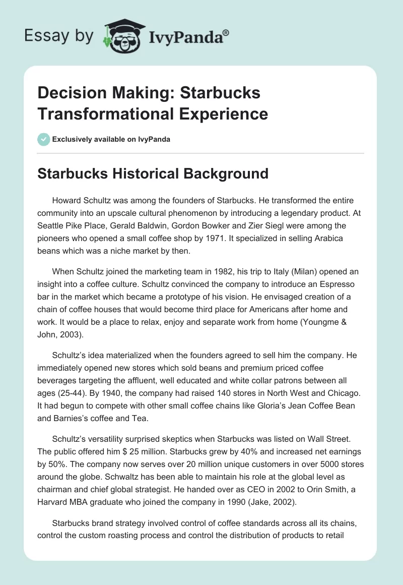Decision Making: Starbucks Transformational Experience. Page 1