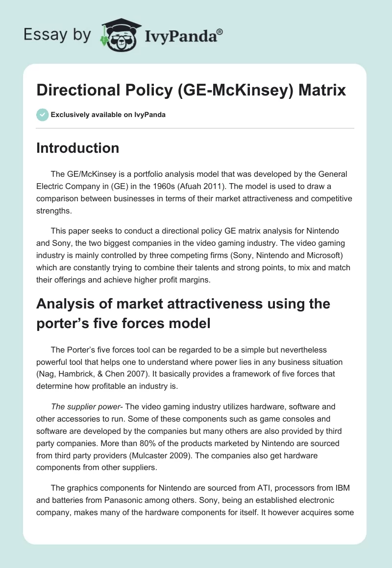 Directional Policy (GE-McKinsey) Matrix. Page 1