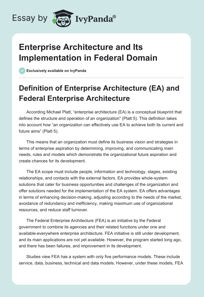 Enterprise Architecture and Its Implementation in Federal Domain. Page 1