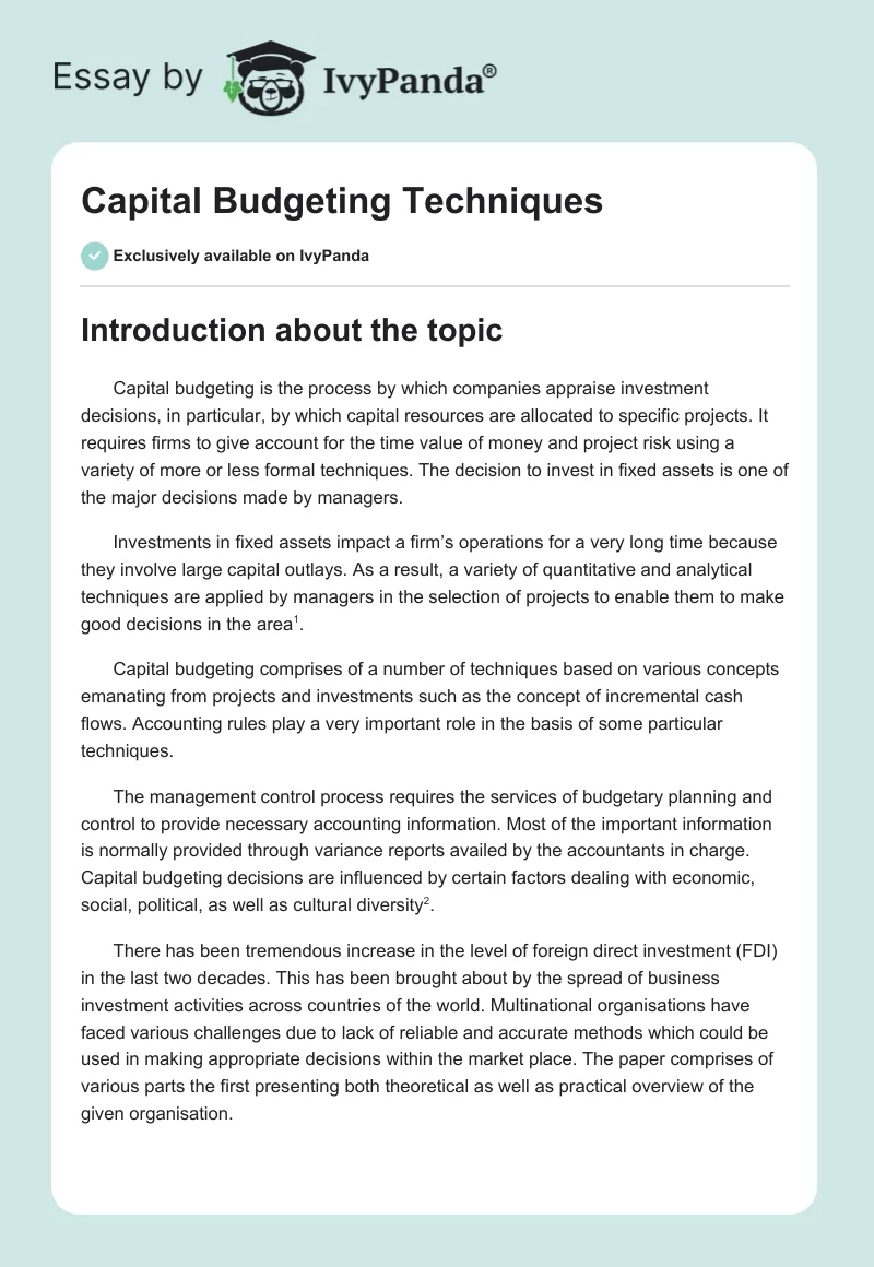 Capital Budgeting Techniques. Page 1
