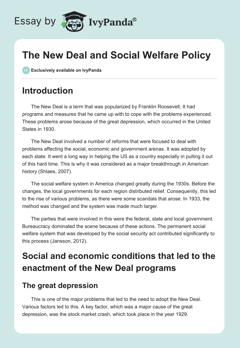 The New Deal and Social Welfare Policy. Page 1
