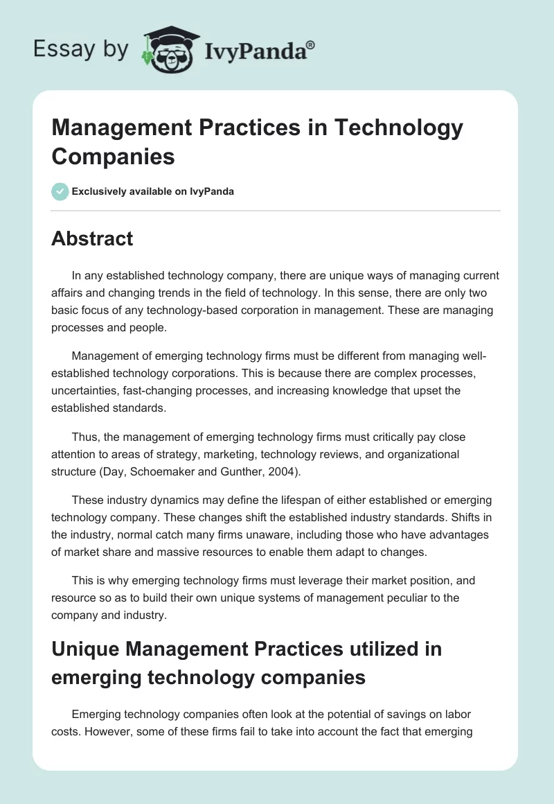 Management Practices in Technology Companies. Page 1