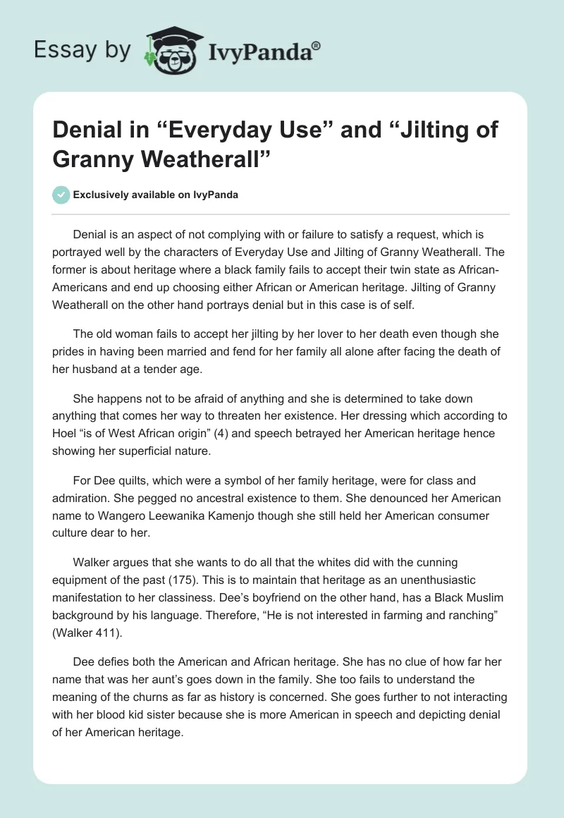 Denial in “Everyday Use” and “Jilting of Granny Weatherall”. Page 1