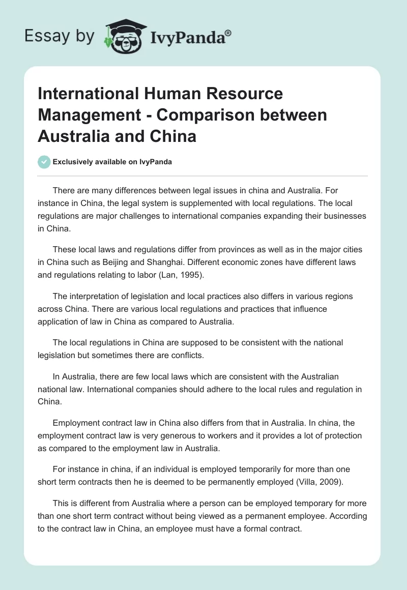 International Human Resource Management - Comparison between Australia and China. Page 1