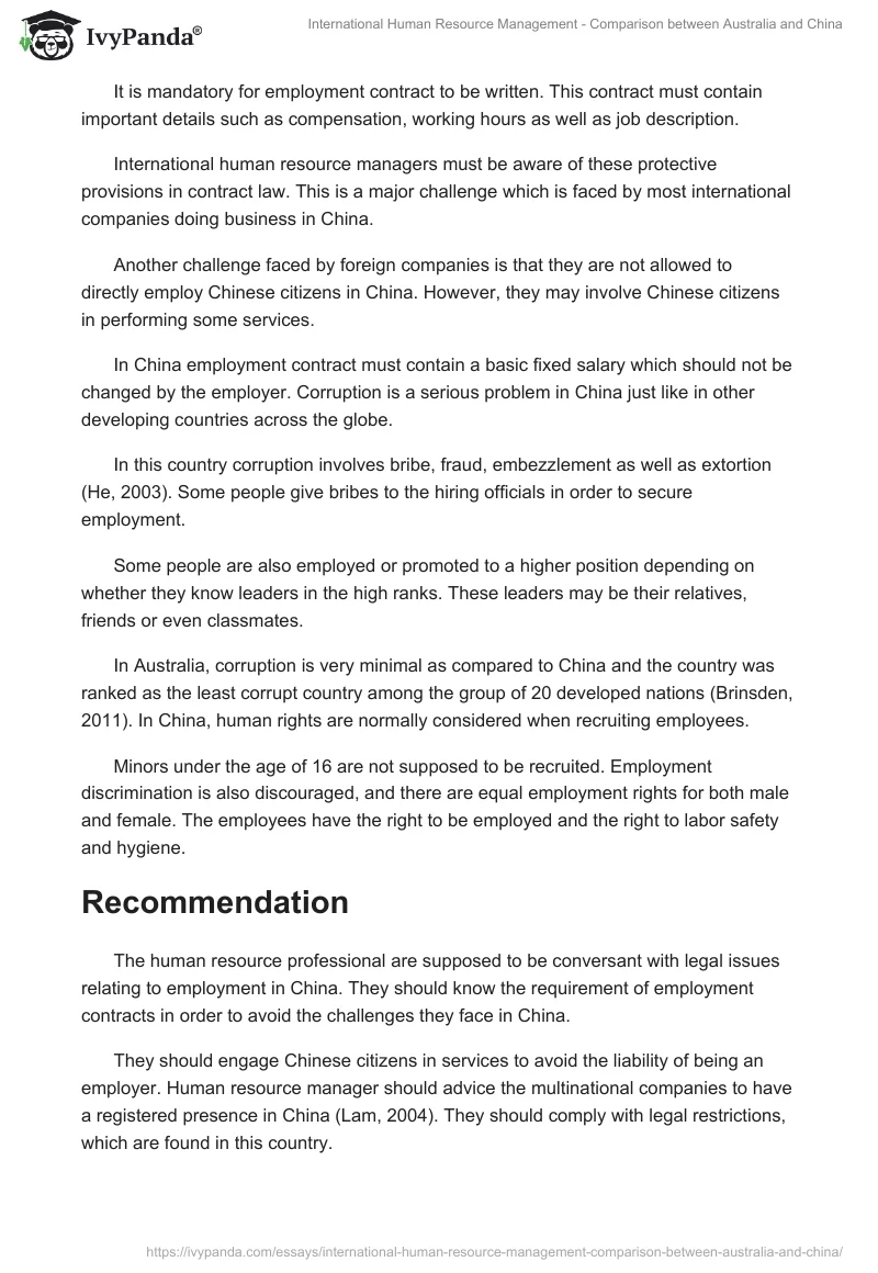 International Human Resource Management - Comparison between Australia and China. Page 2