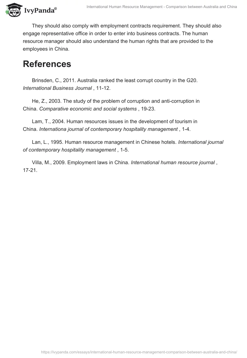 International Human Resource Management - Comparison between Australia and China. Page 3