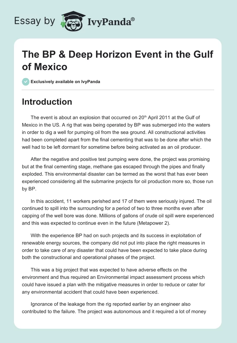 The BP & Deep Horizon Event in the Gulf of Mexico. Page 1