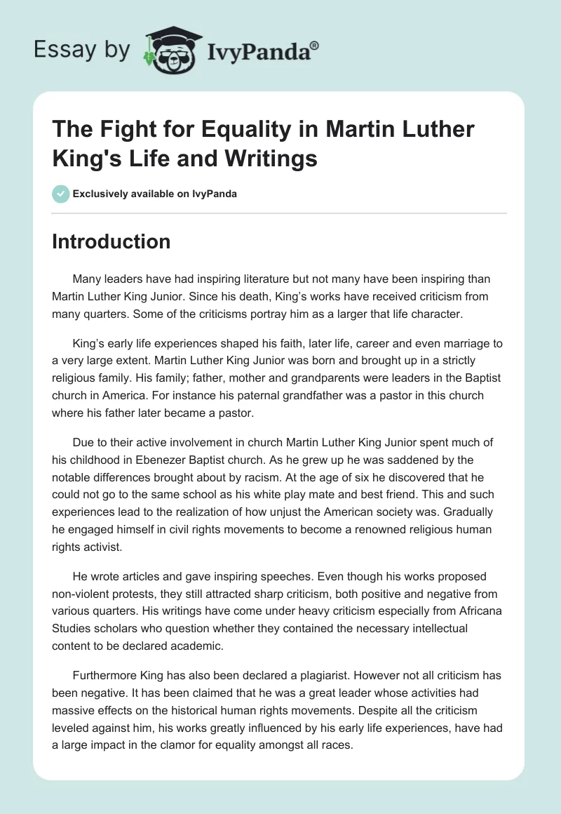 The Fight for Equality in Martin Luther King's Life and Writings. Page 1