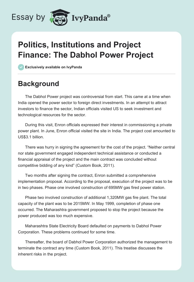 Politics, Institutions and Project Finance: The Dabhol Power Project. Page 1