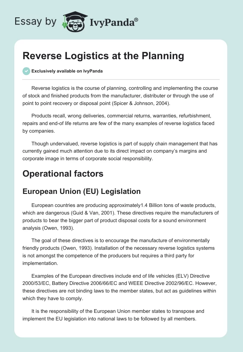 Reverse Logistics at the Planning. Page 1