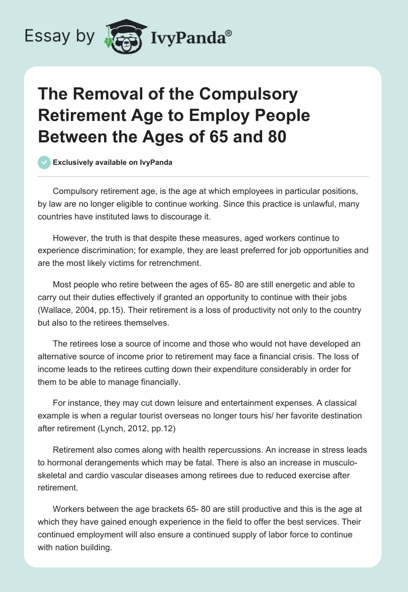 The Removal of the Compulsory Retirement Age to Employ People Between the Ages of 65 and 80. Page 1