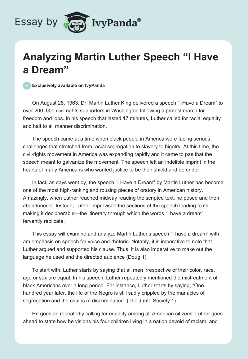 Analyzing Martin Luther Speech “I Have a Dream”. Page 1