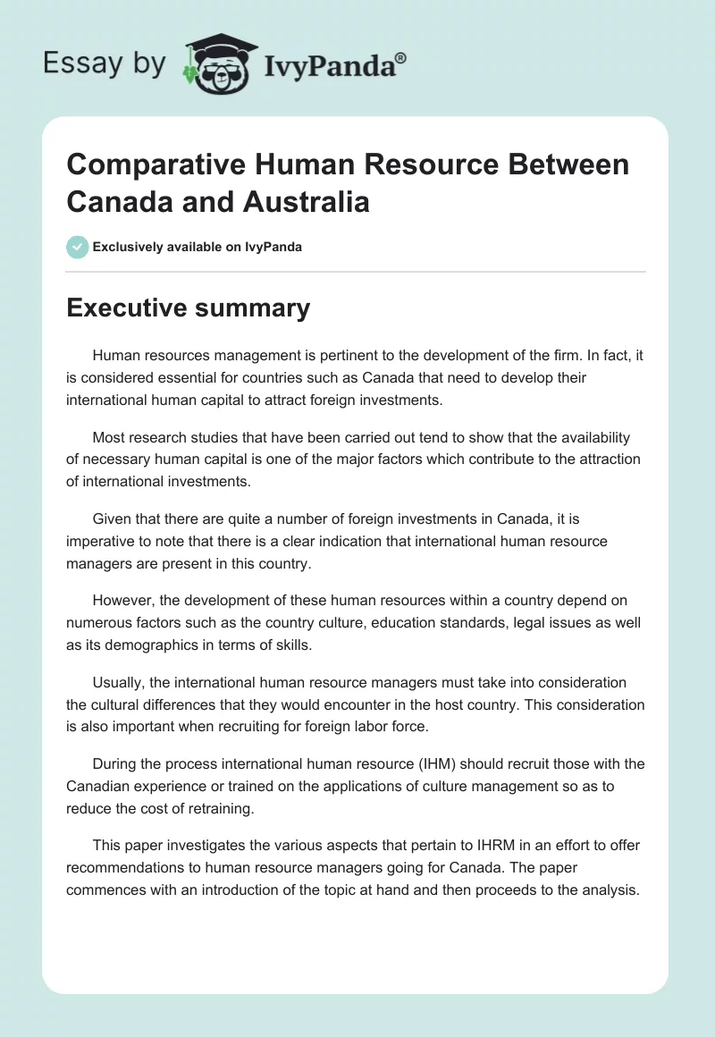 Comparative Human Resource Between Canada and Australia. Page 1