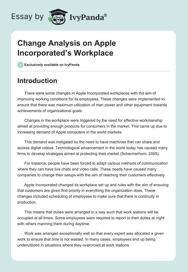 Change Analysis on Apple Incorporated’s Workplace. Page 1