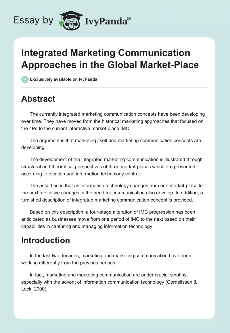 Integrated Marketing Communication Approaches in the Global Market Place. Page 1