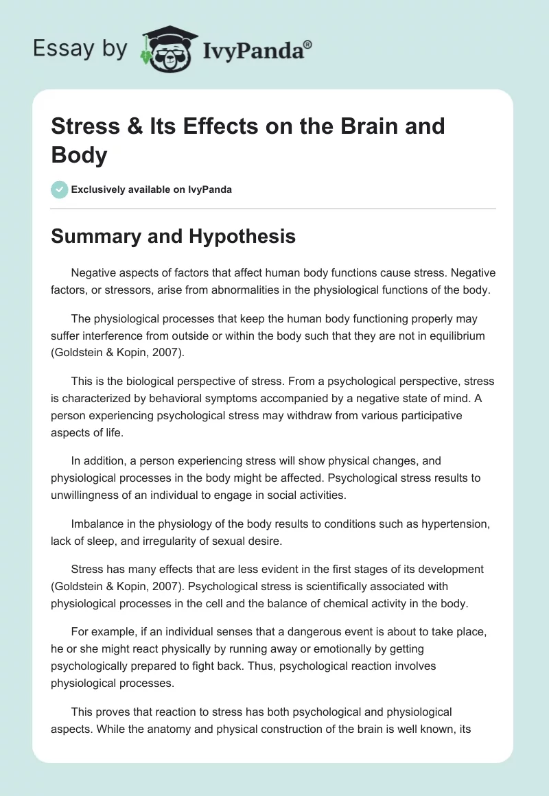 Stress & Its Effects on the Brain and Body. Page 1