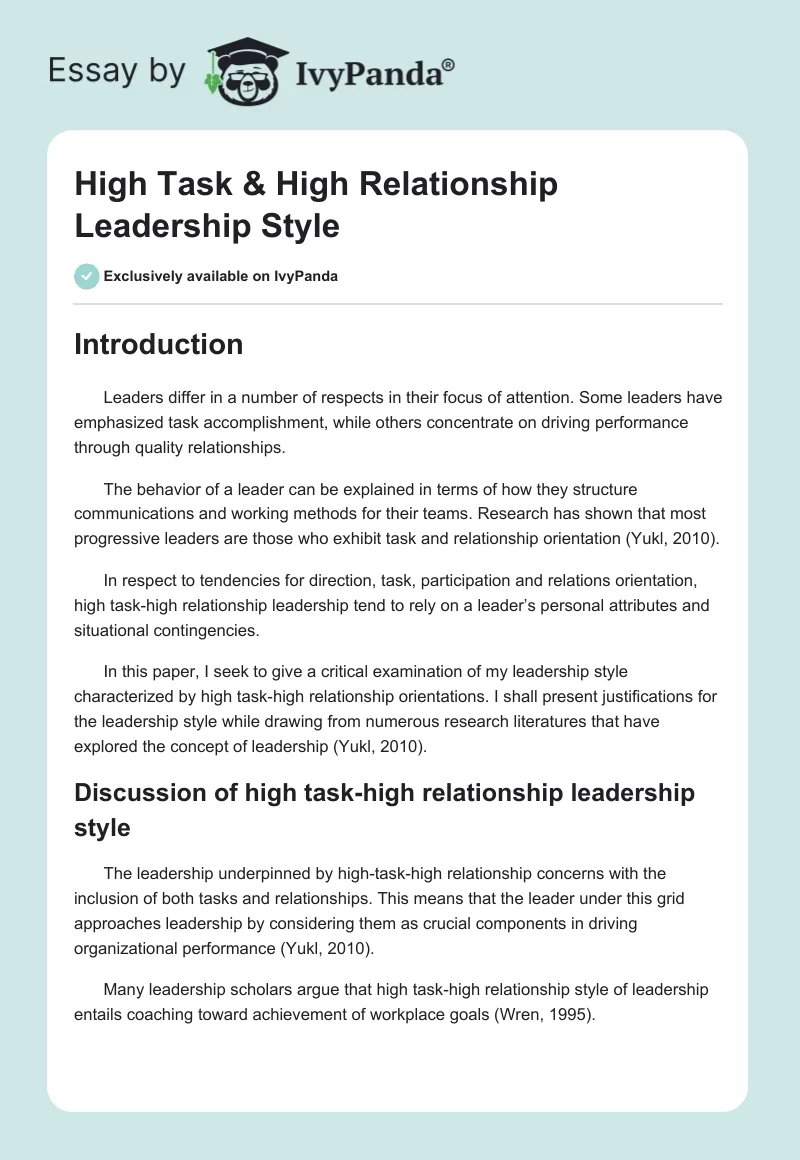 High Task & High Relationship Leadership Style. Page 1