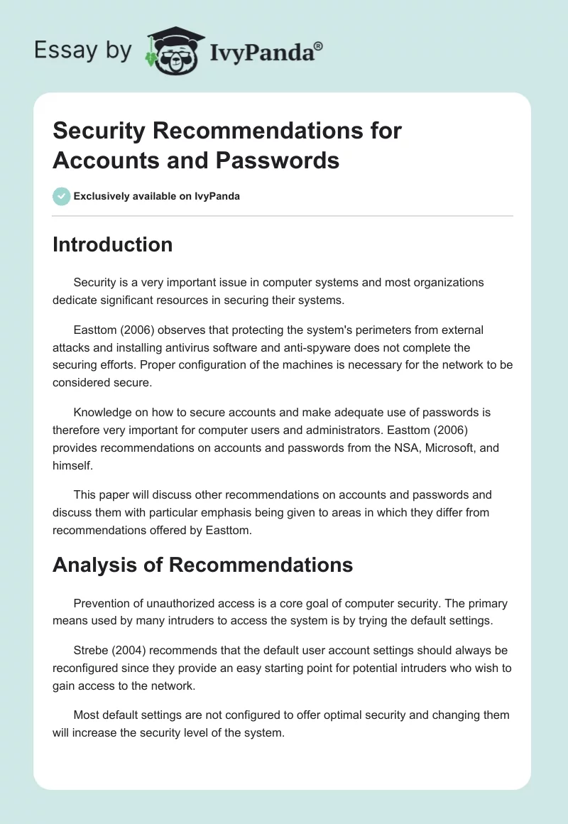 Security Recommendations for Accounts and Passwords. Page 1