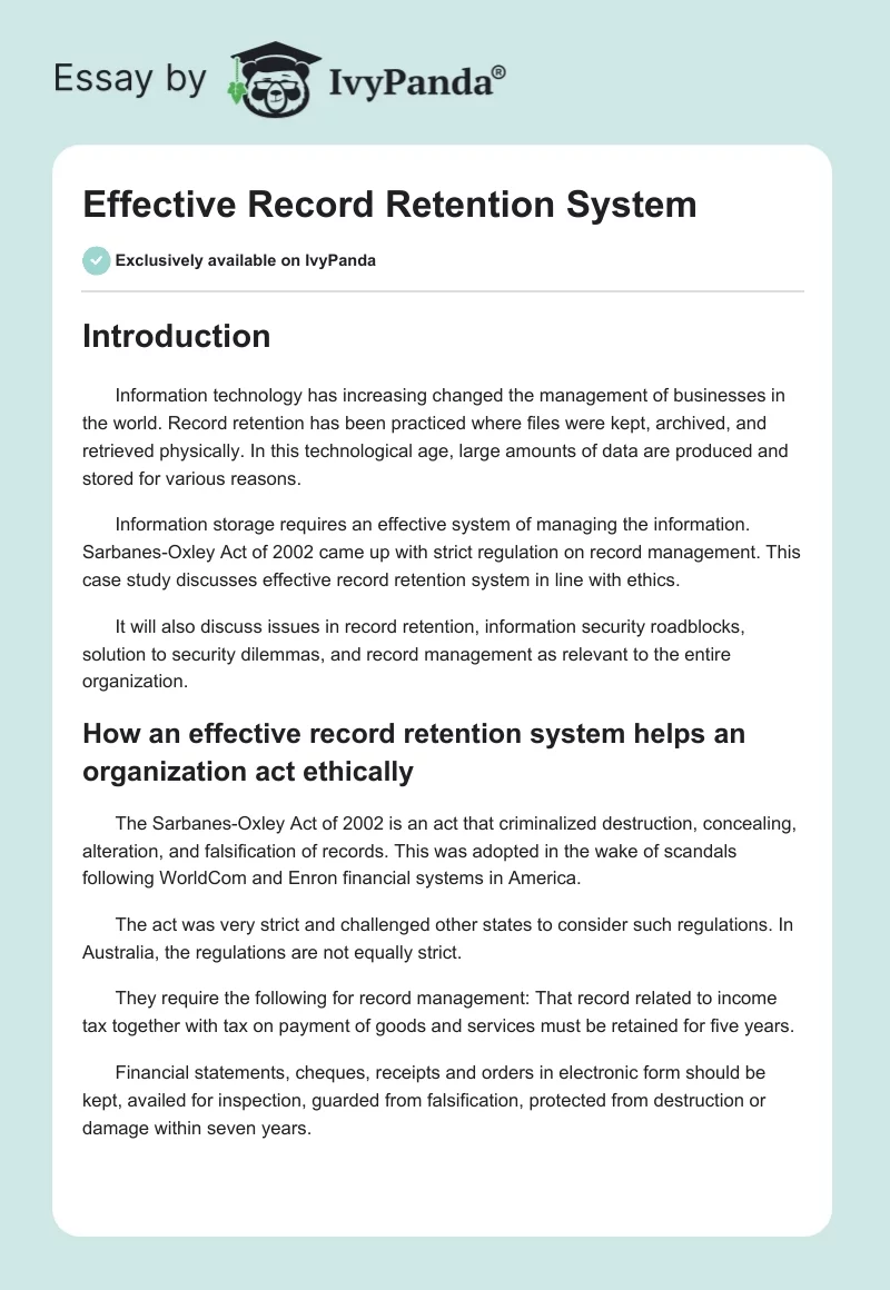 Effective Record Retention System. Page 1
