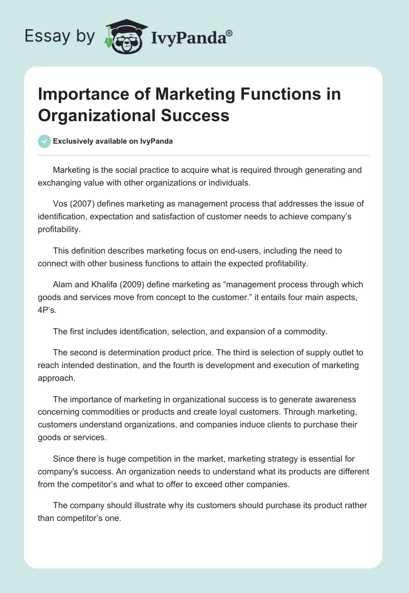 Importance of Marketing Functions in Organizational Success. Page 1