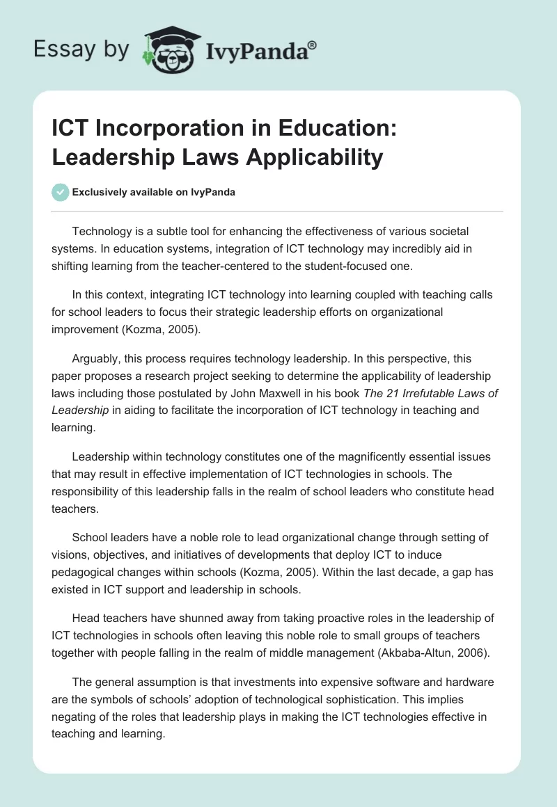 ICT Incorporation in Education: Leadership Laws Applicability. Page 1