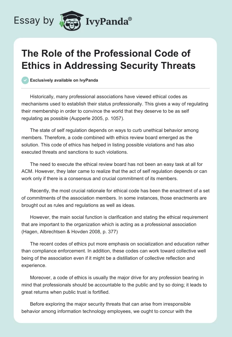 The Role of the Professional Code of Ethics in Addressing Security Threats. Page 1