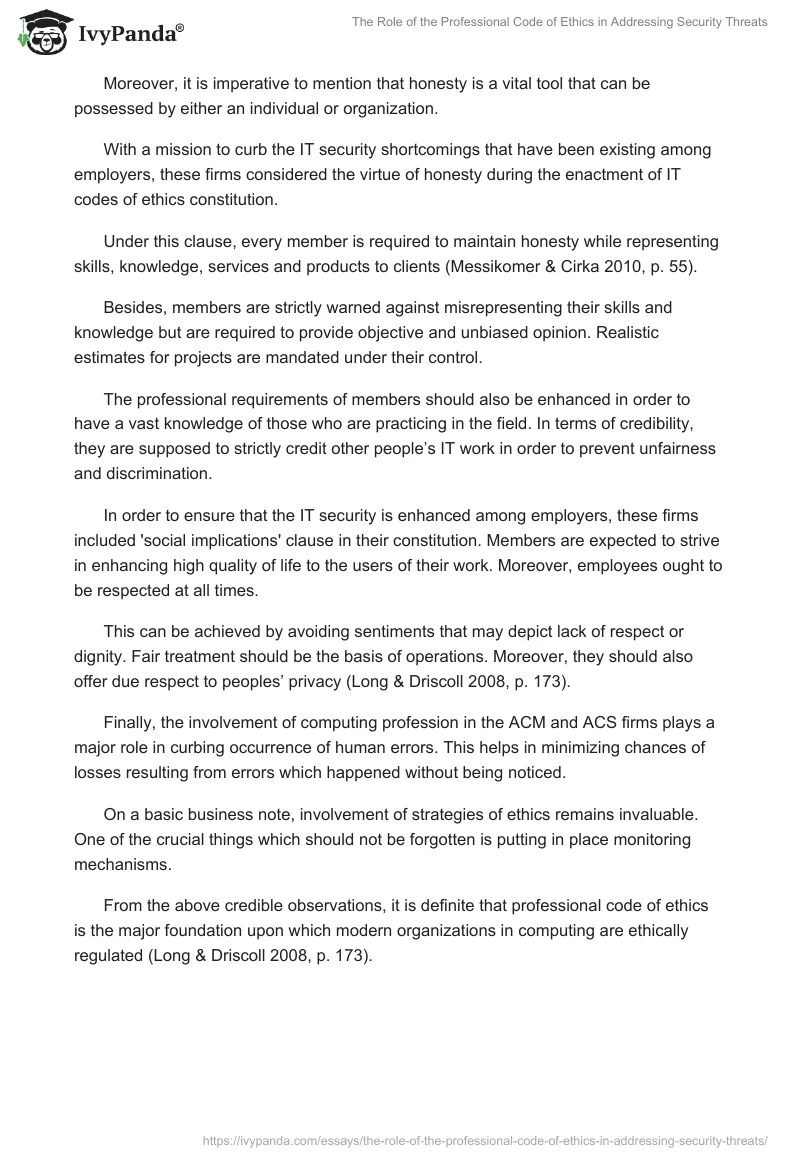 The Role of the Professional Code of Ethics in Addressing Security Threats. Page 4