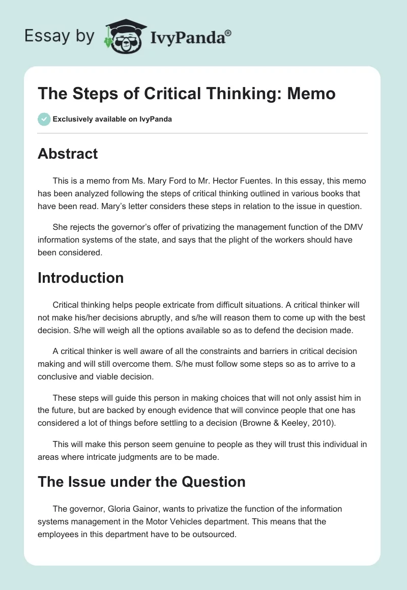 The Steps of Critical Thinking: Memo. Page 1