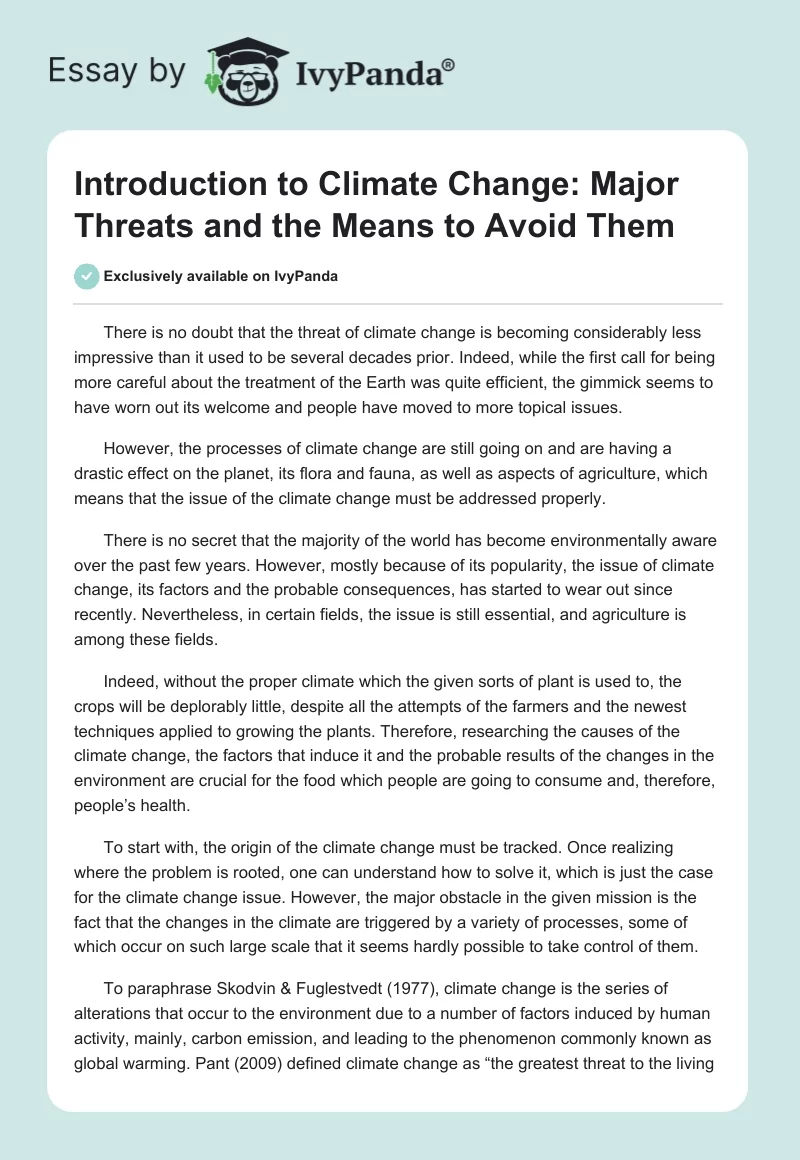 Introduction to Climate Change: Major Threats and the Means to Avoid Them. Page 1