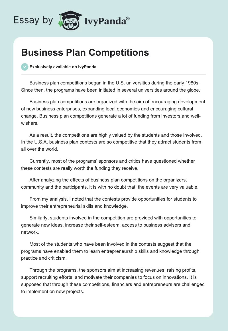 Business Plan Competitions. Page 1