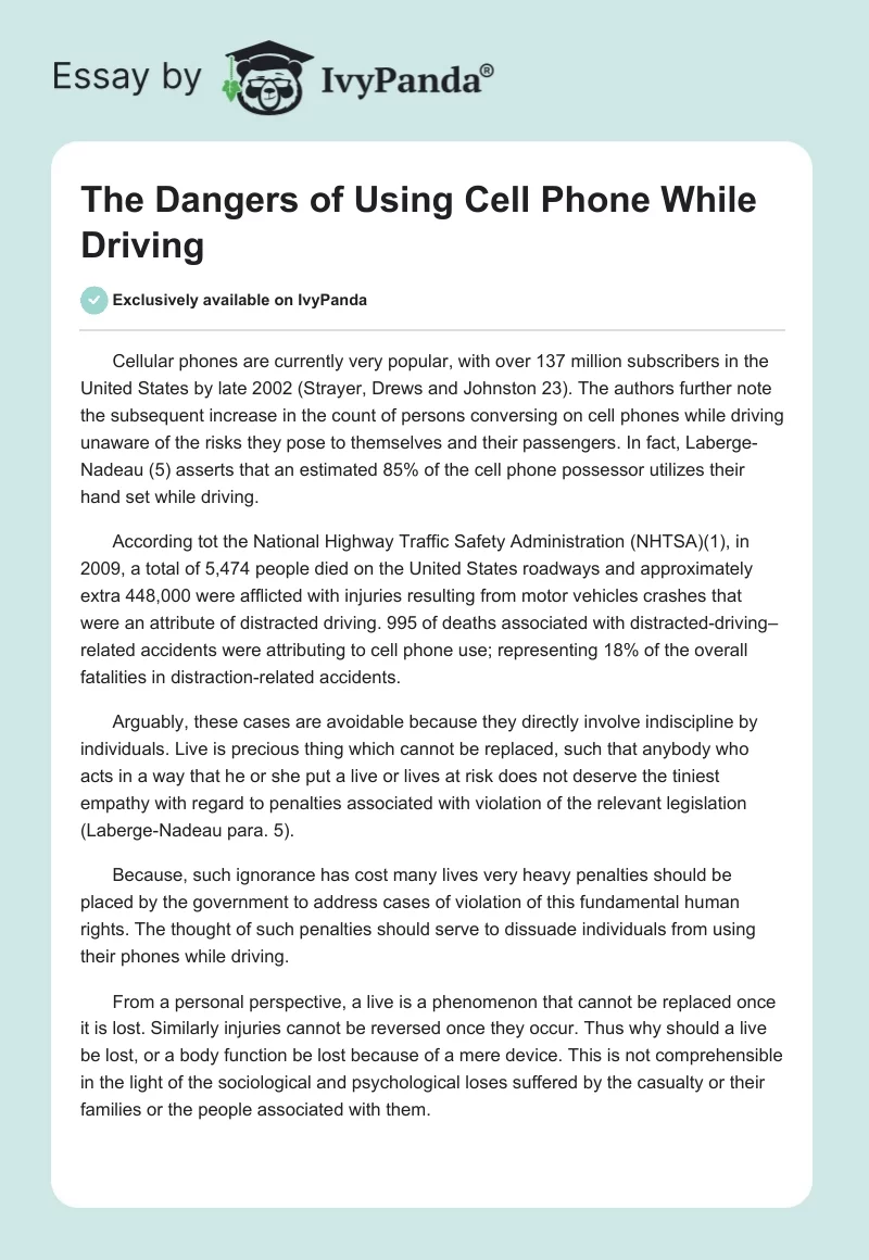 The Dangers of Using Cell Phone While Driving. Page 1