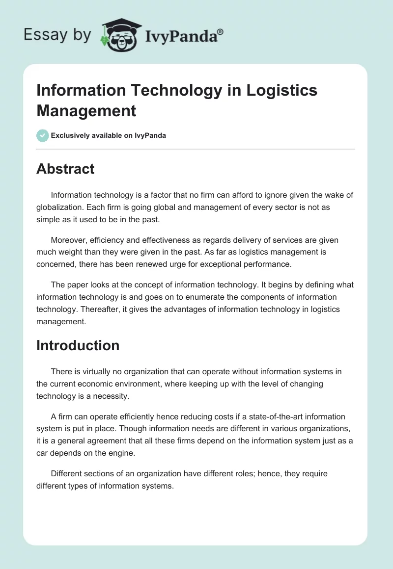 Information Technology in Logistics Management. Page 1