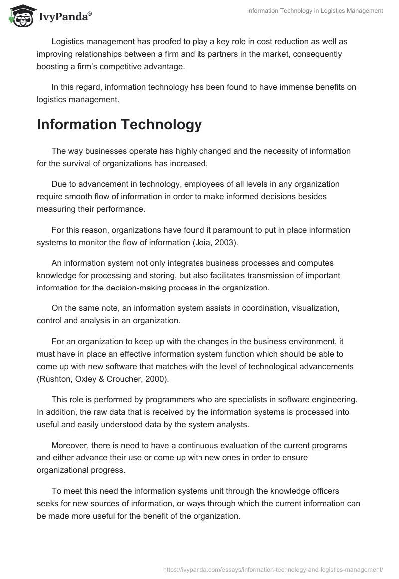 Information Technology in Logistics Management. Page 2