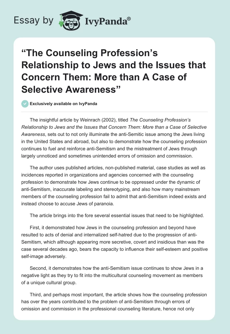“The Counseling Profession’s Relationship to Jews and the Issues That Concern Them: More Than a Case of Selective Awareness”. Page 1