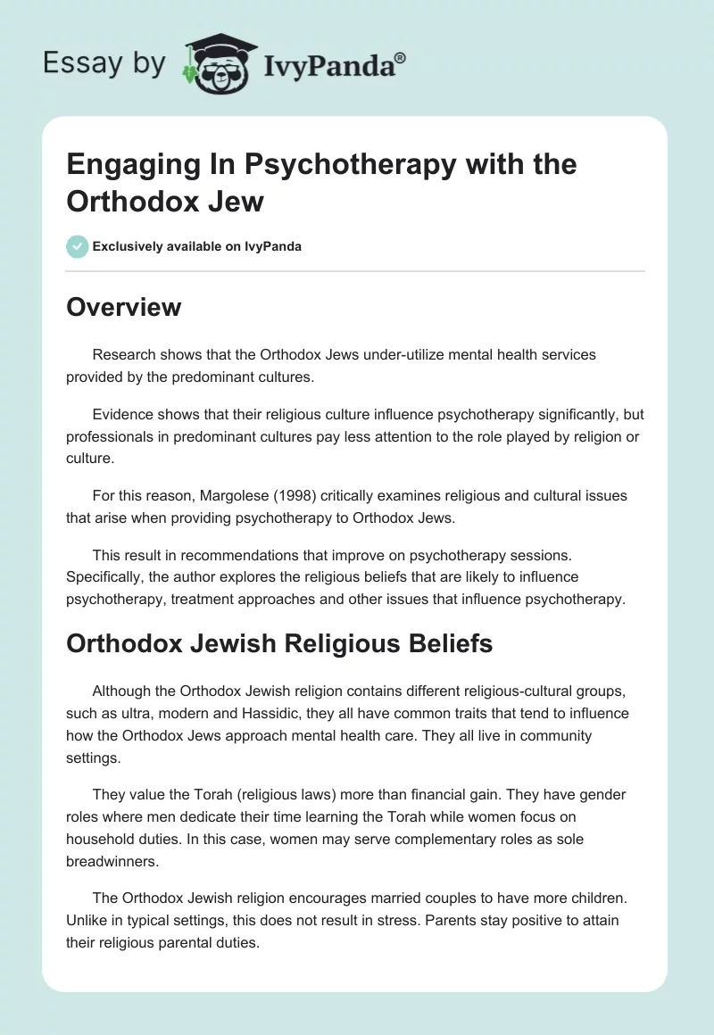 Engaging In Psychotherapy with the Orthodox Jew. Page 1
