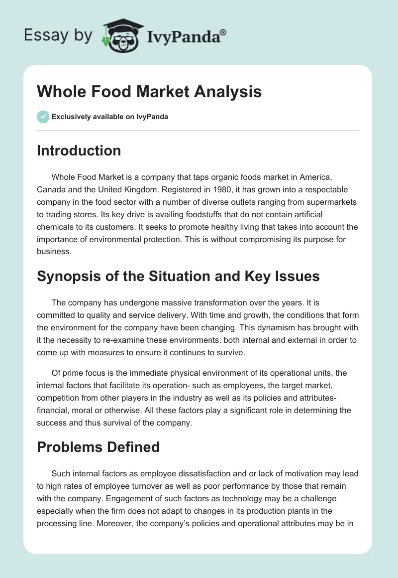 Whole Food Market Analysis. Page 1