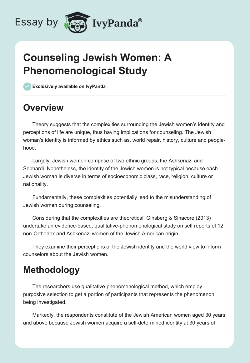 Counseling Jewish Women: A Phenomenological Study. Page 1