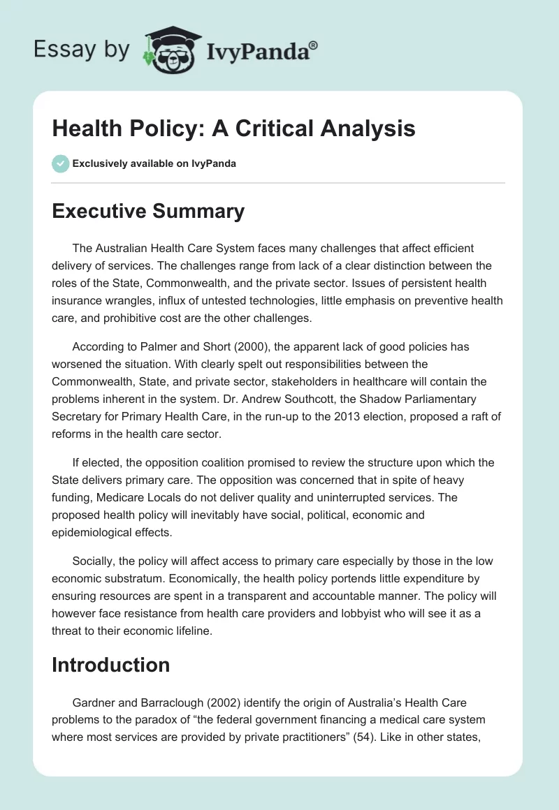 Health Policy: A Critical Analysis. Page 1