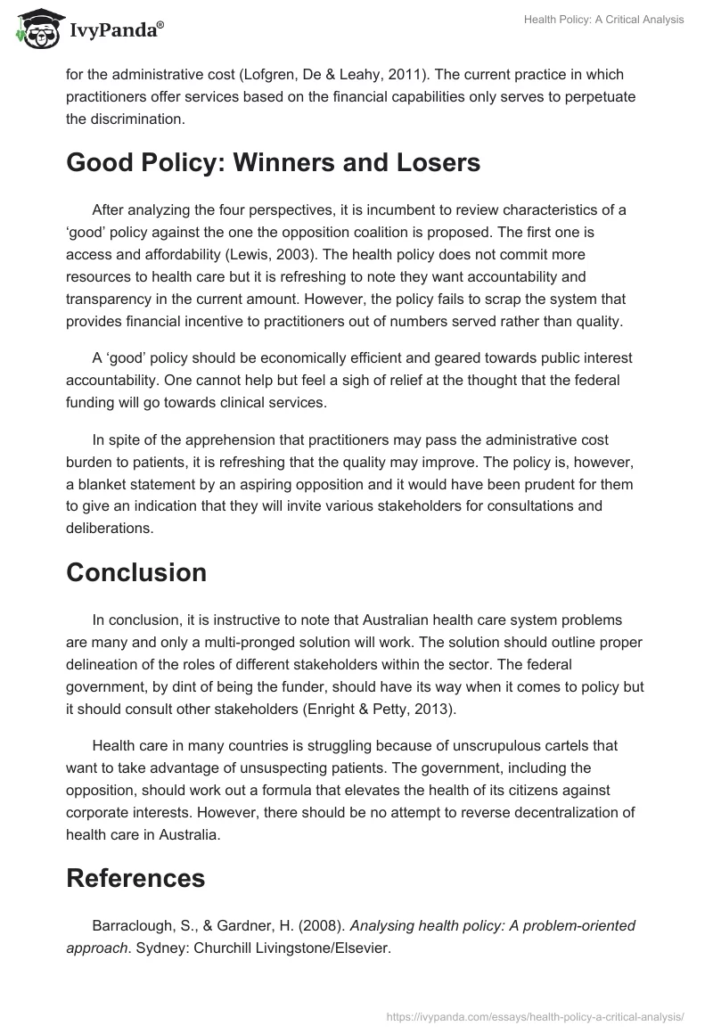 Health Policy: A Critical Analysis. Page 5