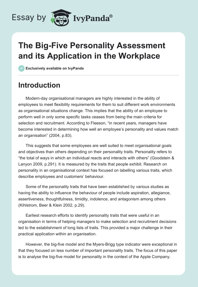 The Big-Five Personality Assessment and its Application in the Workplace. Page 1