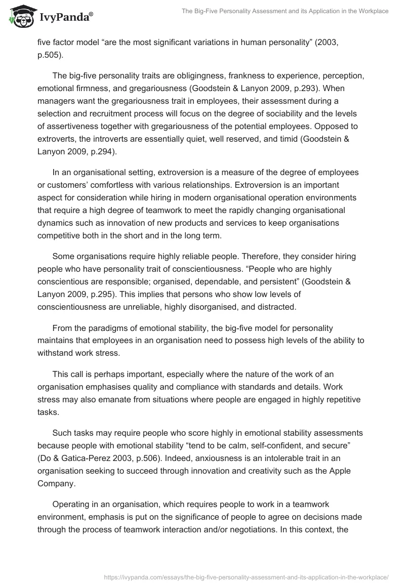 The Big-Five Personality Assessment and its Application in the Workplace. Page 3