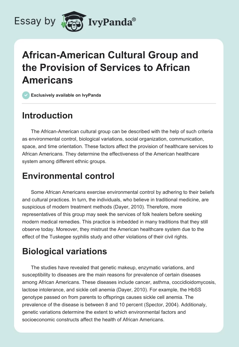 African-American Cultural Group and the Provision of Services to African Americans. Page 1