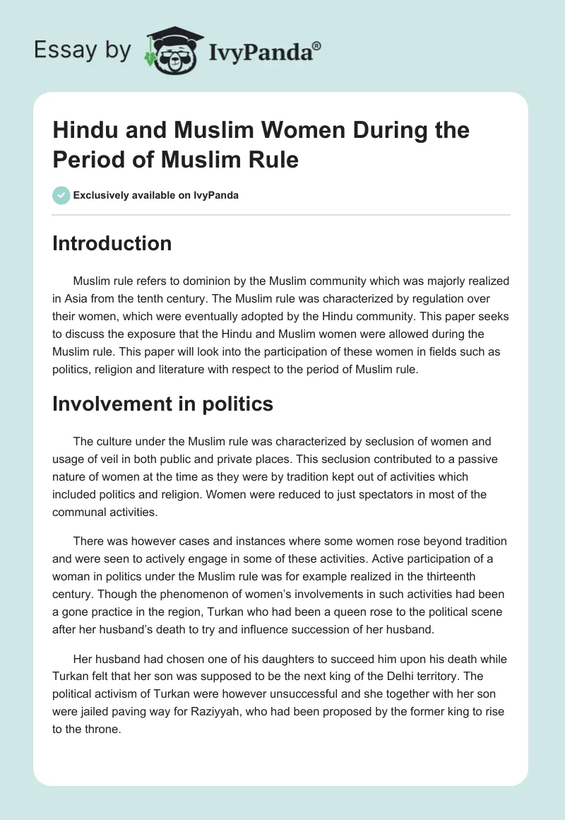 Hindu and Muslim Women During the Period of Muslim Rule. Page 1