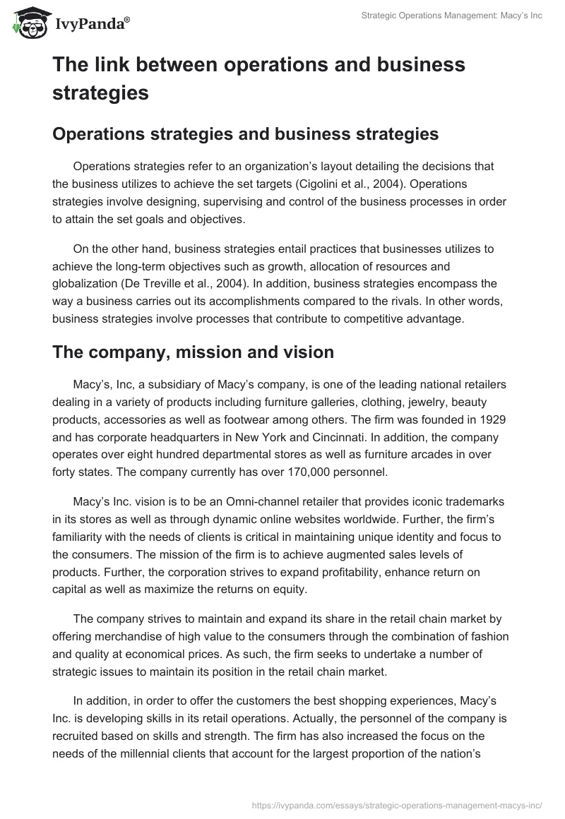 Strategic Operations Management: Macy’s Inc. Page 2