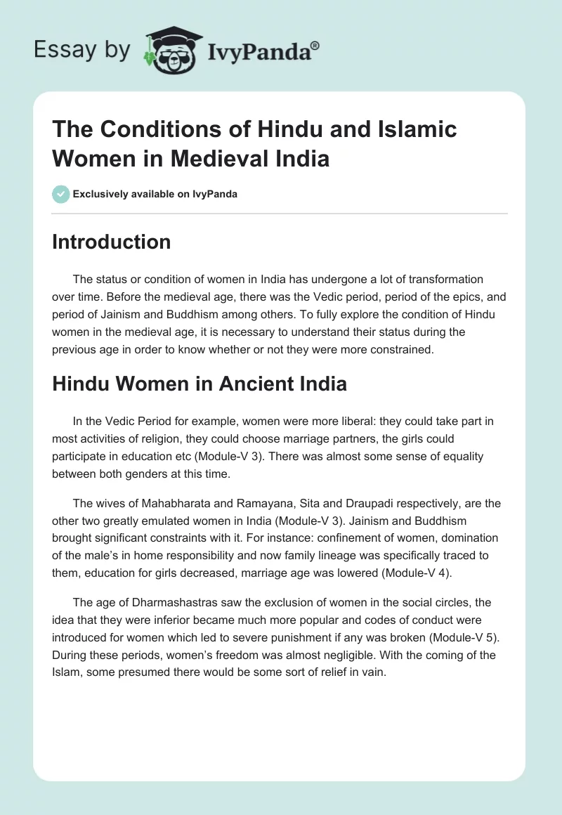 The Conditions of Hindu and Islamic Women in Medieval India. Page 1