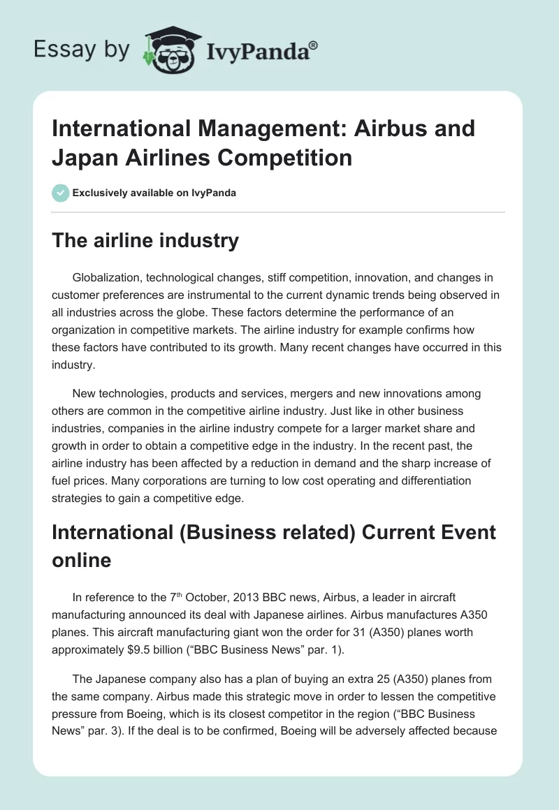 International Management: Airbus and Japan Airlines Competition. Page 1
