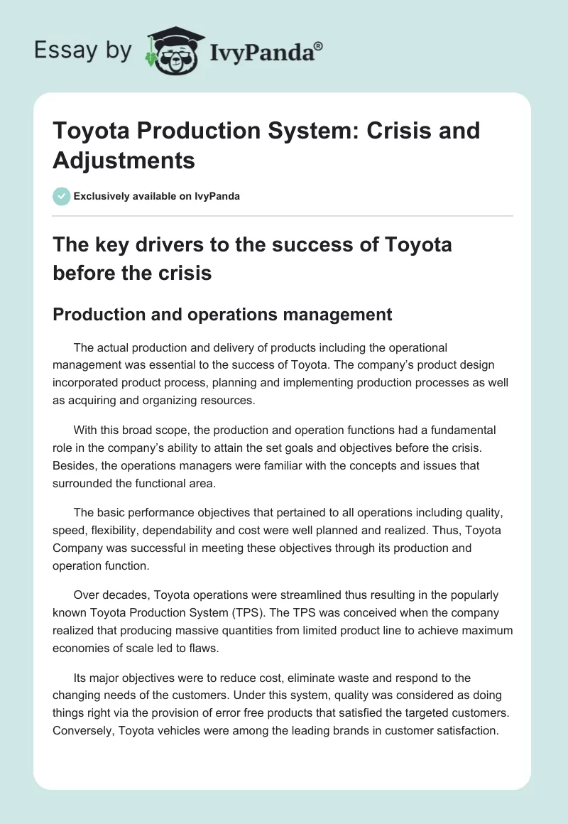 Toyota Production System: Crisis and Adjustments. Page 1